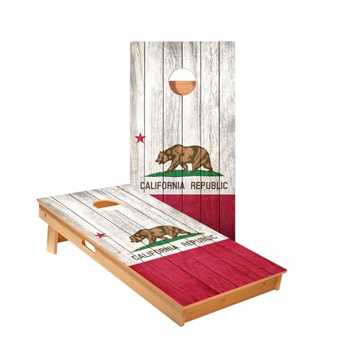 Skip's Garage California Bear Flag Cornhole Boards - Includes (2) Boards (Resin Bags) + (1) Carry Case, (2) Hole Lights & (2) Edge Lights