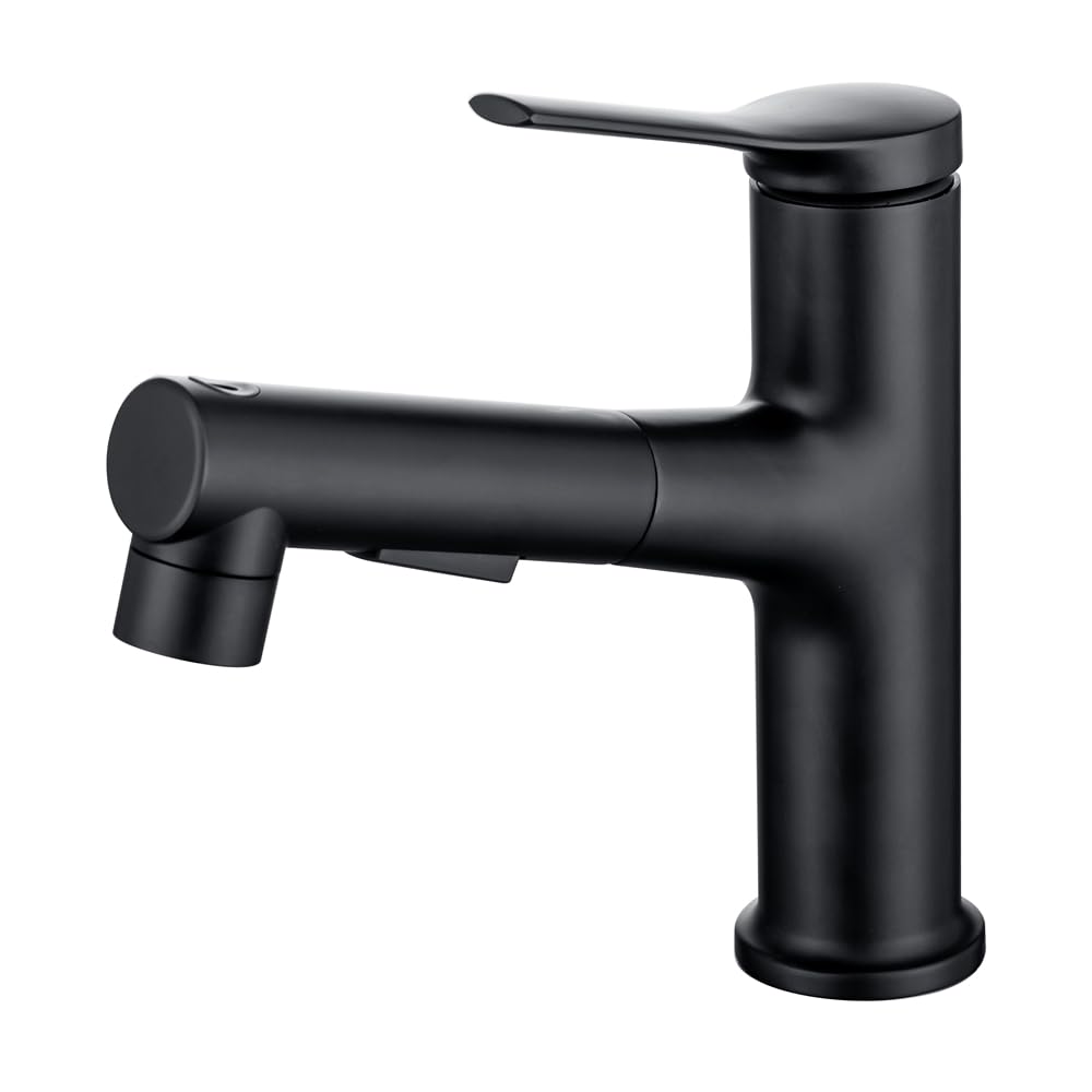 Jnfidosr Matte Black Bathroom Sink Faucet With Pull Out Sprayer ,Single Hole Utility Bar Sink Faucet, Lavatory Pull Down Rv Sink Faucets With Rotating Spout, Single Handle