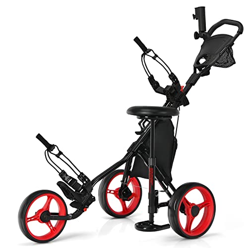 GOPLUS Chariot de Golf à 3 Roues,Voiturettes Golf à 3 Roues Pliable,Pousser Tirer Deluxe,Chariot De Golf Manuel,Ouverture Facile (130x75x98.5-115,5cm[avec...