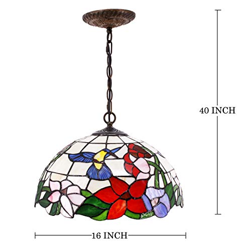 Werfactory Tiffany Pendant Light Fixture Hummingbird Amber Stained Glass 16 Inch Hanging Lamp Wide 16 Inch, Height 40 Inch S101 Series #TOP3