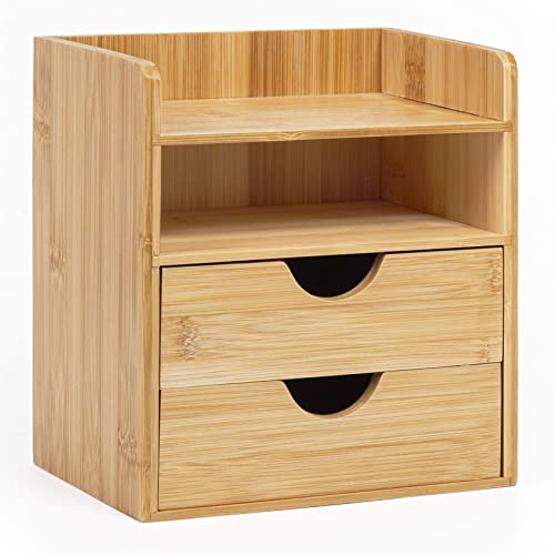 woodluv Desktop Organiser With 2 Drawers, Mini Shelf Storage Box, Drawer Storage For Home Workspace...