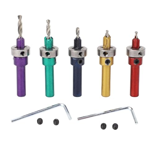 Juego de 5 brocas para avellanador de madera ajustables, brocas cónicas para carpintería, 2,8-4,0 mm con anillos de tope de profundidad, 5 colores para una fácil identificación