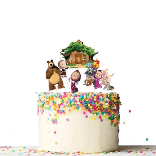 Cake Topper Picks con cartoncino sagomato 5pz personaggio a scelta per compleanno ed eventi di ogni genere elementi decorativi decorazioni per dolci (Masha e Orso)