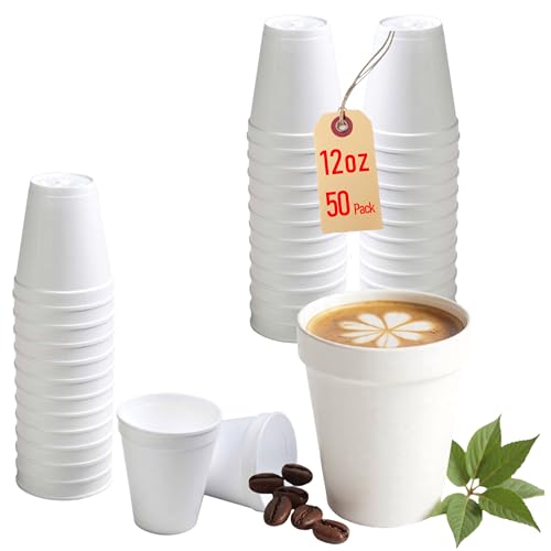 Mr Miracle 12 oz Styrofoam Cups Disposable Foam Coffee Cups (50 Pack) Insulated White Foam Cups for Hot & Cold Drinks Comparable to Industry Standard 12J12 Foam Cups Made in USA