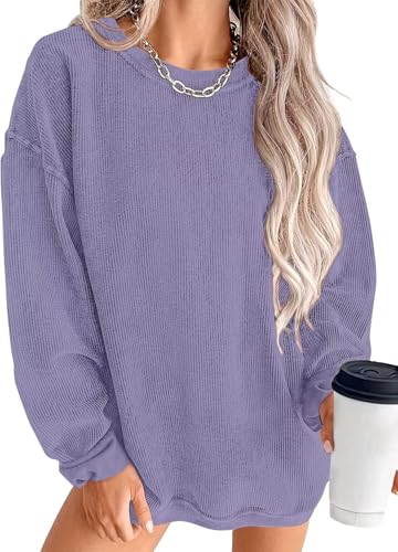 KISSMODA Women's Casual Long Sleeve Sweatshirt Color Block/Solid Crewneck Corduroy Pullover Cute Tops