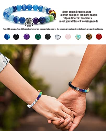 BOMAIL 10Pcs Tree of Life Healing Crystals Bracelet - 7 Chakra Semi Precious Stones Beaded Bracelets Yoga Stress Relief Reiki Stretch Bracelets for Women Men2