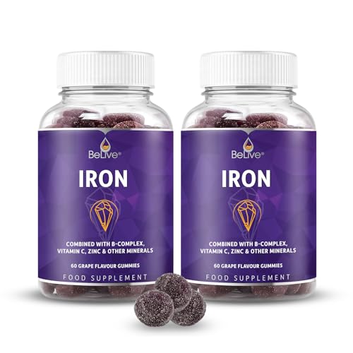 Iron Gummies Supplement with Vitamin C, A, Vitamins B Complex, Folate, Multivitamins for Women, Kids & Adults - Supports Energy, No After Taste, Vegan Supplements - Grape Flavor (120 Ct) (2 Pack)
