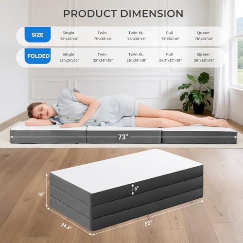 Image of MASVIS Trifold Mattress, 6 Inch Memory Foam Foldable Mattress with Washable Cover, Tri-Folding Floor Bed for Camping, Full
