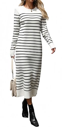 Image of Long Sweater Dress for Women Loose Knitwear Striped Long Dresses Stylish Autumn and Winter Outfits
