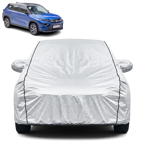 Image of Waterproof Car Cover for Toyota Hyryder | Dustproof, UV Resistant & Scratch Protection | Soft Cotton Lining | Triple Stitched | Mirror Pockets & Elastic Fit | Silver