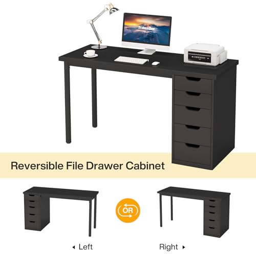 Image of Tribesigns Computer Desk with 5 Drawers, 47 inches Rustic Brown Home Office Desk with Storage, Modern Simple Laptop Desk Study Writing Table for Small Spaces (1, Black)