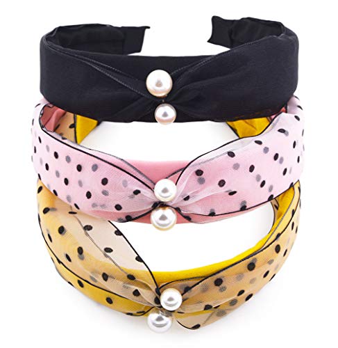 STHUAHE 3 Pack Fashion Headbands, Gauze with Faux Pearl Wide Hairband Knot Turban Headband Vintage Headwear Elastic Hair Hoops Hair Accessories by Beauty Hair for Women and Girls (3-colors)