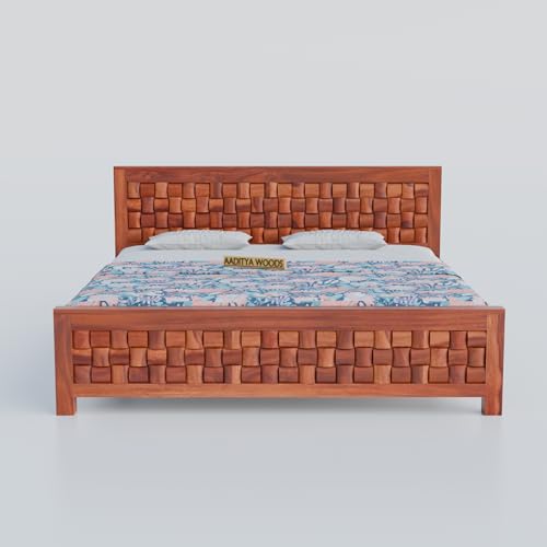 Image of AADITYA WOODS Solid Sheesham Wood Queen Size Bed Cot Without Storage | Wooden Bed for Bedroom | Multipurpose Use Cot Palang Diwan (Honey q4, Queen) (82x62x40 Inch)