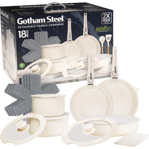 Gotham Steel 18 Pc Removeable Handle Pots and Pans Set Non Stick, Kitchen Cookware Sets, Ceramic Cookware Set, Non Toxic Cookware Set, Non Stick Pots and Pan Set, Dishwasher Safe - Cream