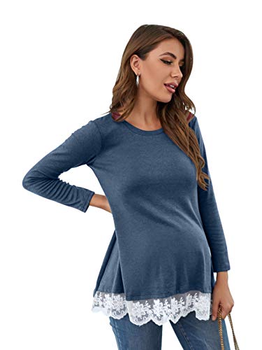 Women's Long Sleeve Lace Hem Maternity Tunic Top Blouse