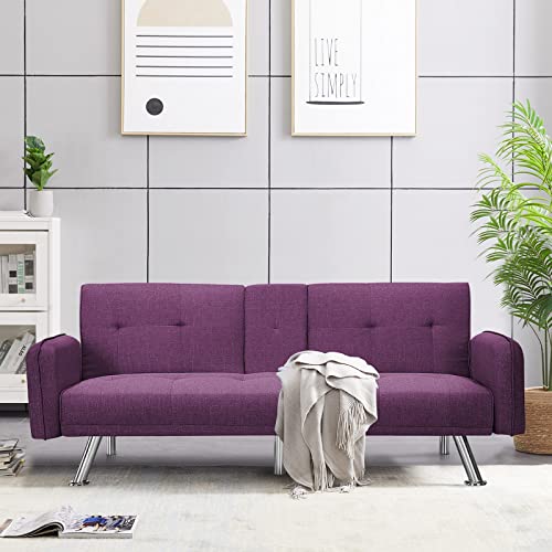 Dklgg Futon Sofa Bed Convertible Sofa Couch, Modern Loveseat Sleeper Futon Couch With 2 Cup Holders, Convertible Folding Sofa Bed Small Couch For Living Room, Bedroom, Apartment Or Dorm(Purple) #TOP6