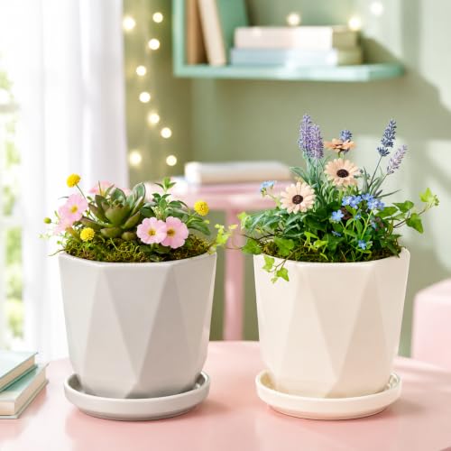 Image of Xtore Refined Geometric Ceramic Planter Set of 2 with Saucers for Home & Office Decor | Faceted Indoor Flower Pots for Succulents, Herbs, Cacti, Living Room, Bedroom (Off-White, Light Grey)