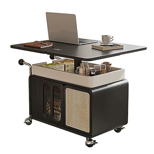 JOSOGO Folding Lift Top Coffee Table,Solid Wood Movable Trolley Side Table with Storage,for Apartment, Reception Room, Tiny Home,Convertible Nightstand(White+Black)