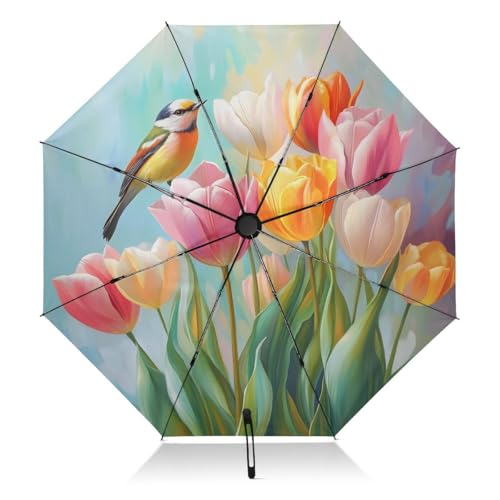 ALAZA Bird Tulip Flower Floral Folding Umbrella Inverted Umbrella Automatic