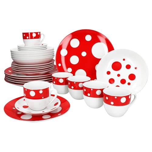 MamboCat Pula rot 30tlg Kombiservice I weißes Porzellan-Geschirrset...