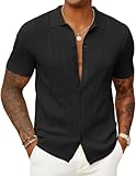 COOFANDY Mens Casual Knit Polo Shirt Vacation Short Sleeve Button Down Shirts Textured Summer Beach T-Shirts Old Money Clothes Black