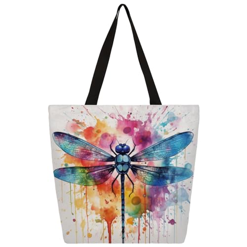 Mularoka Beautiful Watercolour Dragonflies Large Capacity Canvas Tote Bag Stylish Handheld Shoulder Bag Reusable Shopping Bag for Work Travel Beach Trips Shopping