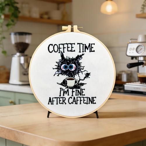 Image of Cute Cat Embroidery Kits for Beginners Adults, Coffee Hand Embroidery Starter Kit, Stamped Cross Stitch Kits for Beginners Adult Craft Kit for Women, Entire Set of Embroidery Supplies & Video Tutorial