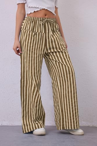 Image of MISSACTIVER Women Drawstring Striped Pants Loose Wide Leg Trousers Casual Low Waist Pants Comfy Lounge Pants with Pockets