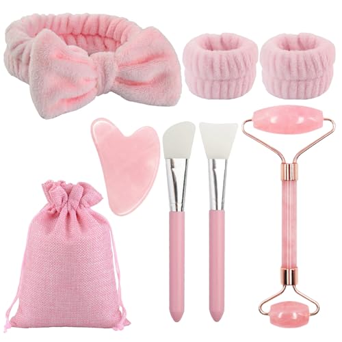 7 Stück Jade Gua Sha Stein Set,Gua Sha und Gesichtsroller Beauty Massager,Gesichtsroller Massagewerkzeug für Augenschwellungen Hautstraffung Face Massager,Schönheit Geschenke