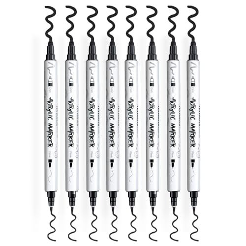 TRANSON 8 Pack Black Bold and Fine Dual-tip Acrylic Paint Marker for DIY Glass Canvas Wood Leather Ceramic Rock Painting