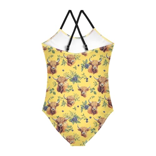 senya Girls Swimsuits One-Piece Swimwear Tie Bathing Suit Beach Summer Round Neck 7-8T Highland Cattle Blueberry Pattern2