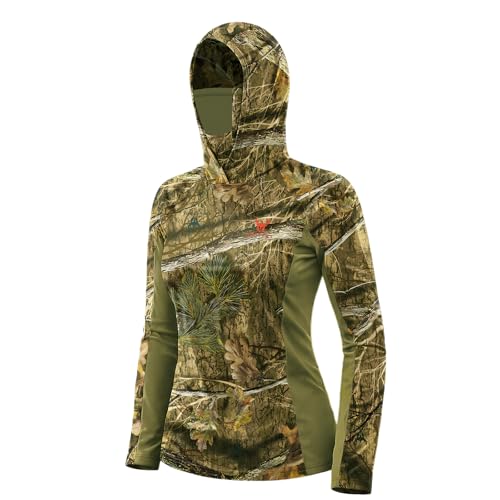 Hartena Womens Camo Hunting Hoodie with Face Mask UPF 50+ Lightweight Quick Dry Shirt for Turkey and Deer Hunts MistyThicket L