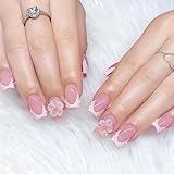 Dermalyx 24 Pièces Douces Roses Manucure Française Ongles À Presser, Modèle Floral 3D, Forme Carrée Moyenne Faux Ongles, Autocollants Adhésifs, Ongles En Gel À Coller