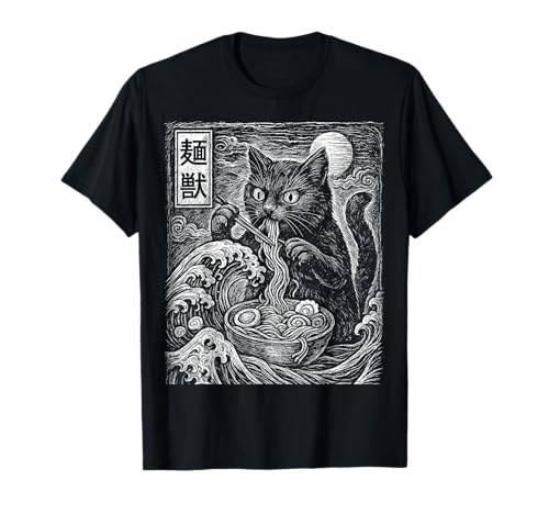 Arte gastronómico de Anime con Fideos japoneses Ramen Cat Wave Ukiyo-e Camiseta