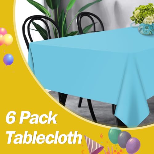Image of tujol Light Blue 6 Pack Plastic Table Cloth 54 inch x 108 inch, Disposable Tablecloths Rectangle Table Cover, Plastic Tablecloths for Parties