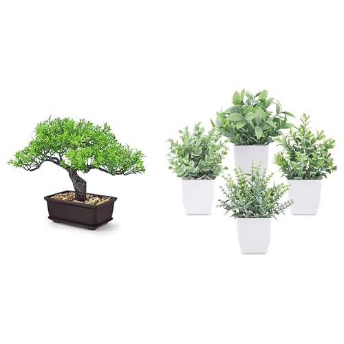 Der Rose A Bundle of 4 Pack Fake Plants Mini Artificial Greenery Potted Plants and 8'' Artificial Bonsai Tree Small Fake Potted Plants for Home Office Bathroom Decor