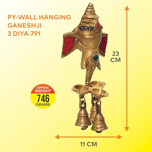 Image of Colorful Ganesha Wall Hanging with Diyas and Bells, Ganesha Wall Hanging, Spiritual Decor, Hindu Puja Items, Ganesha, Home Decor, Temple Decoration, Pooja Room Essential - 791