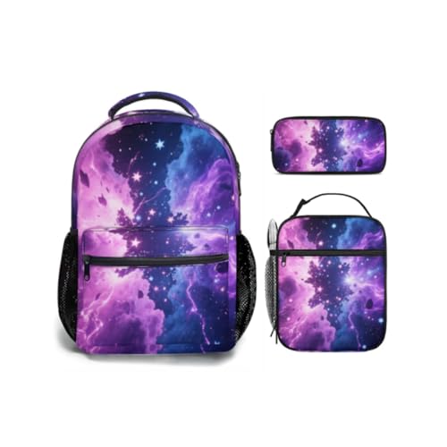 Kids Backpack With Lunch Box, Lightweight School 3 Set, Boys Girls Starry Sky Schoolbag, Children Teens Elementary Middle School Christmas