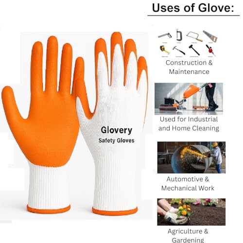 Image of Nylon Safety Work Gloves with Nitrile Coating - Industrial-Grade Protection for Cleaning, Warehouse, Mechanics, Construction - Durable, Flexible, Non-Slip Grip (White & Orange, 10 Pair)