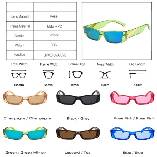 Lunettes de soleil nuances UV400 petit rectangle bleu vert rétro
