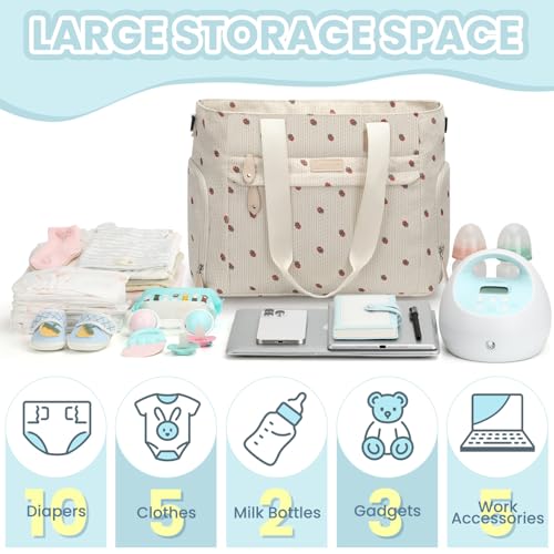 Image of Pritent Large Travel Diaper Bag Tote with 14 Inch Laptop Sleeve, Breast Pump Bag for Mom and Dad, Mommy Maternity Travel Baby Bag for Boys and Girls, Strawberry