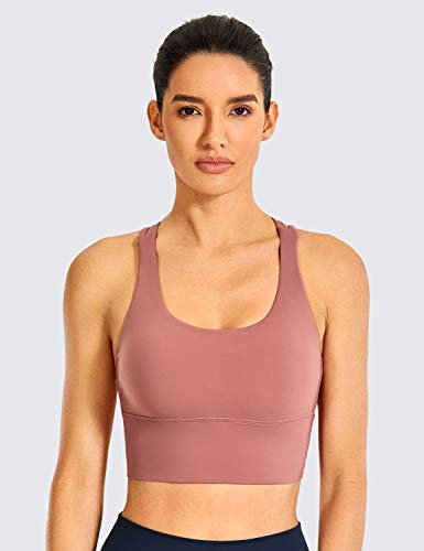 Crz Yoga Women's Strappy Longline Sports Bras - Wirefree Padded Medium Impact Workout Crop Tank Top Light Reddish Brown Small #TOP1