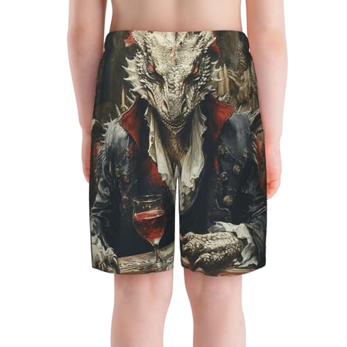Boys Beach Shorts Quick Dry Swim Trunks Board Surf Summer Teen Kids, Dragon Playing Poker Cards Vintage4
