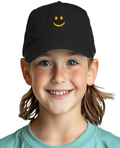 Youth Baseball Hat for Boys and Girls with Smiley Face: Strap Closure, 6 Eyelets for Great fit, Curved Visor to Keeps Sun Out