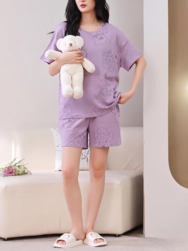 Image of Celary Korean Women's Pyjama Set|Cute Printed T-Shirt & Shorts Set|Soft Cotton Blend Women Night Suit Sleepwear| Shorts Set for Women