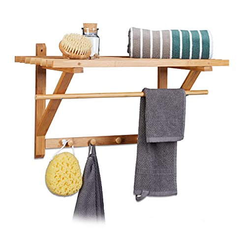Relaxdays 10017155 Porte-Manteau Mural avec Étagère porte-serviettes salle de bain garde-robe avec surface de rangement couloir entrée en Bambou HxlxP : 35...