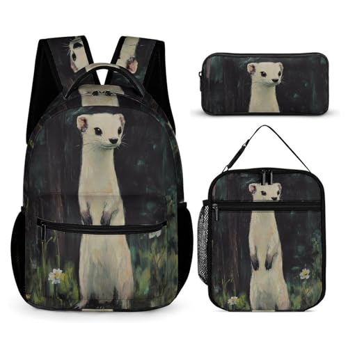 White Weasel Stoat Funny Backpack Set Lunch Bag Pencil Case Makeup Bag 3 in 1 for Men Women Travel