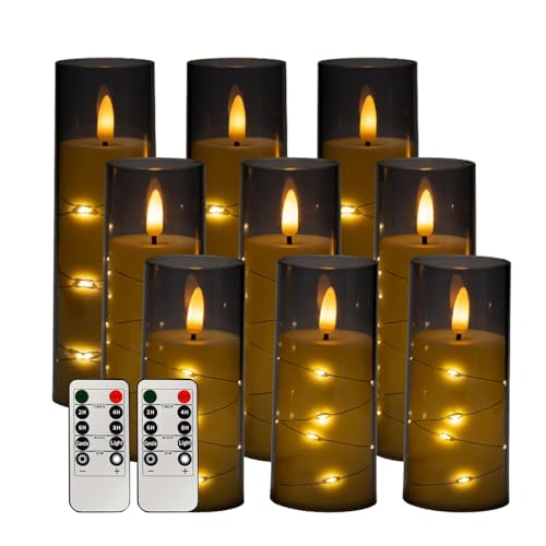 Littleboyny Velas LED sin llama, velas cilíndricas con pilas con cadena de luces en forma de estrella, juego de 9 unidades, mando a distancia y temporizador, decoración romántica para el hogar
