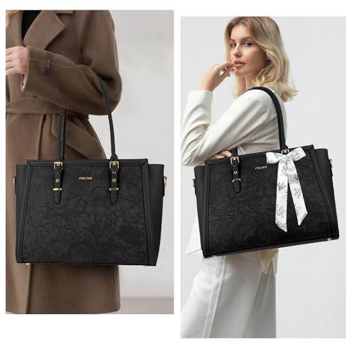 Image of MOSISO Laptop Bag for Women, PU Leather Tote Bag, Front Embossed Retro Hibiscus Computer Bags with Silk Scarf&Clutch Purse