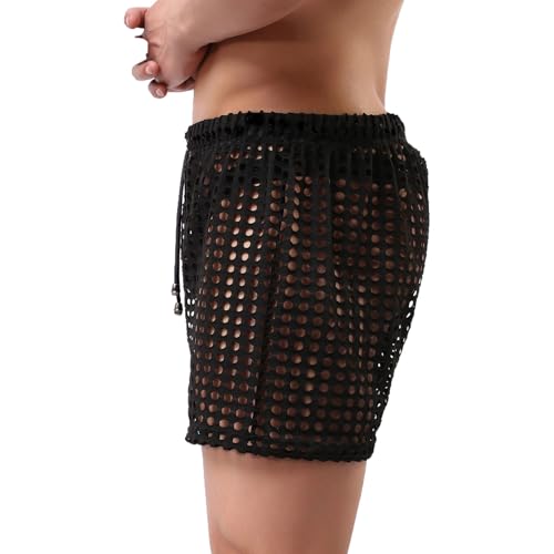 Mens Sexy Hollow Out Mesh Shorts Valentine's Day Pajamas Shorts Drawstring Elastic Waist Lounge Short Pants4